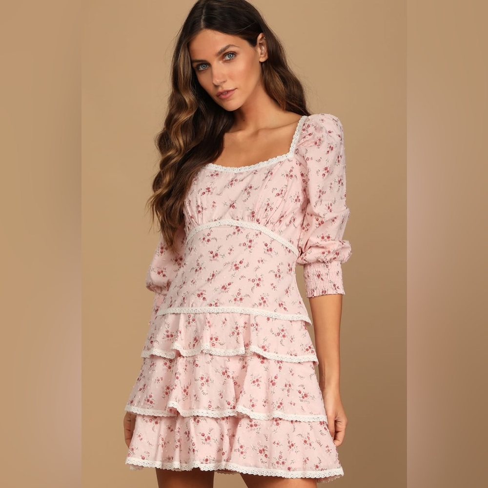 NWT Lulu’s Pink Floral Print Ruffled Square Neck Mini Dress XL